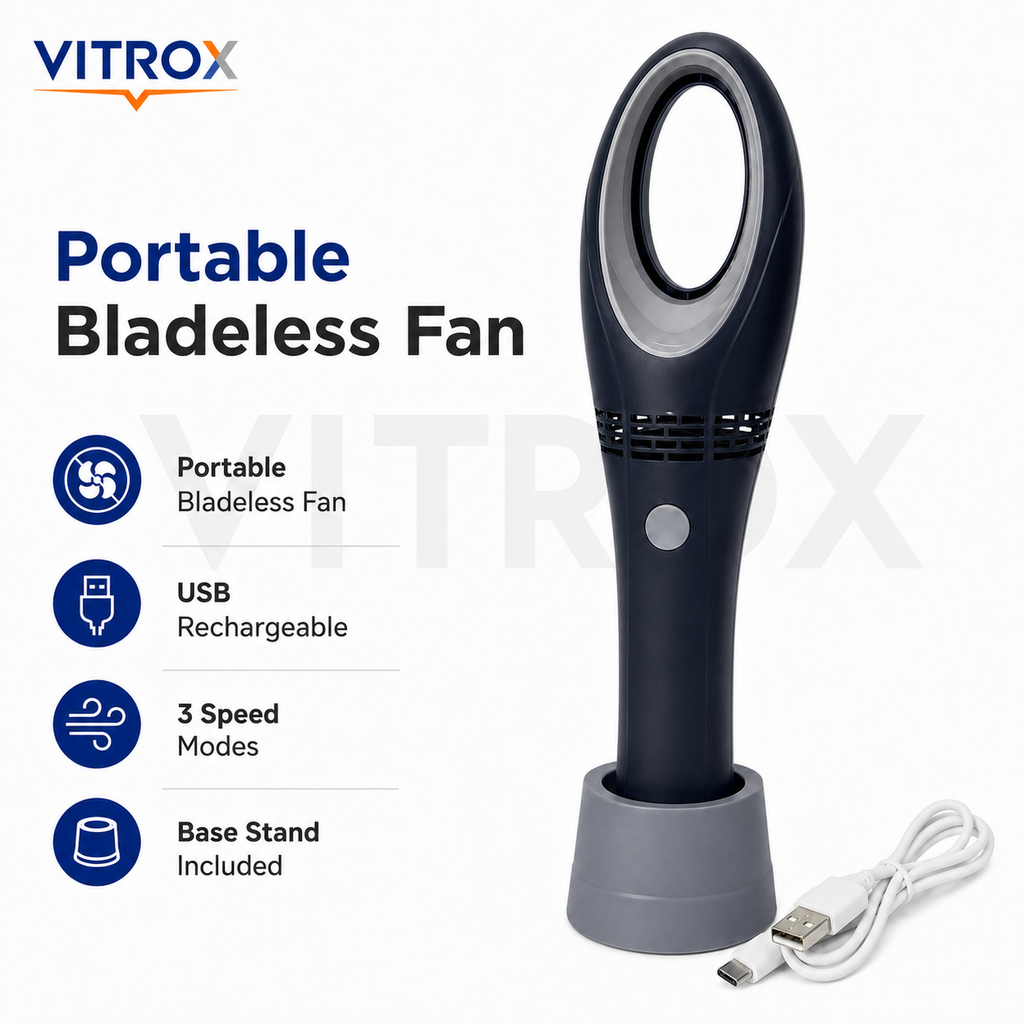 Vitrox Portable USB Rechargeable Bladeless Hand Fan – 3 Speed Modes