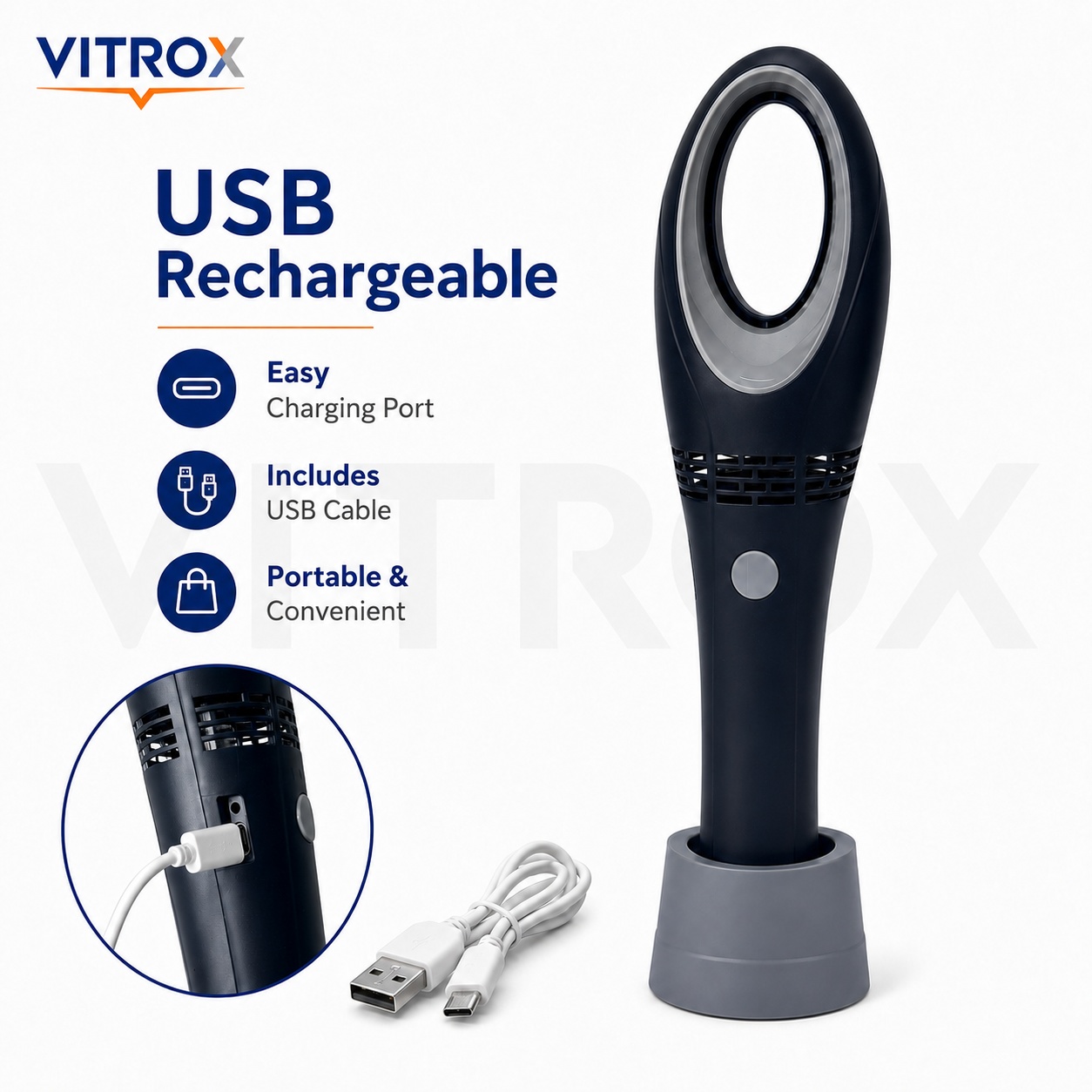 Vitrox Portable USB Rechargeable Bladeless Hand Fan – 3 Speed Modes