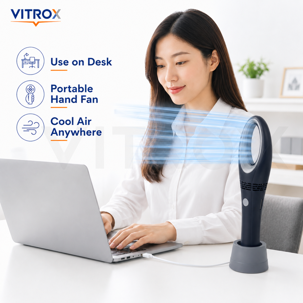 Vitrox Portable USB Rechargeable Bladeless Hand Fan – 3 Speed Modes
