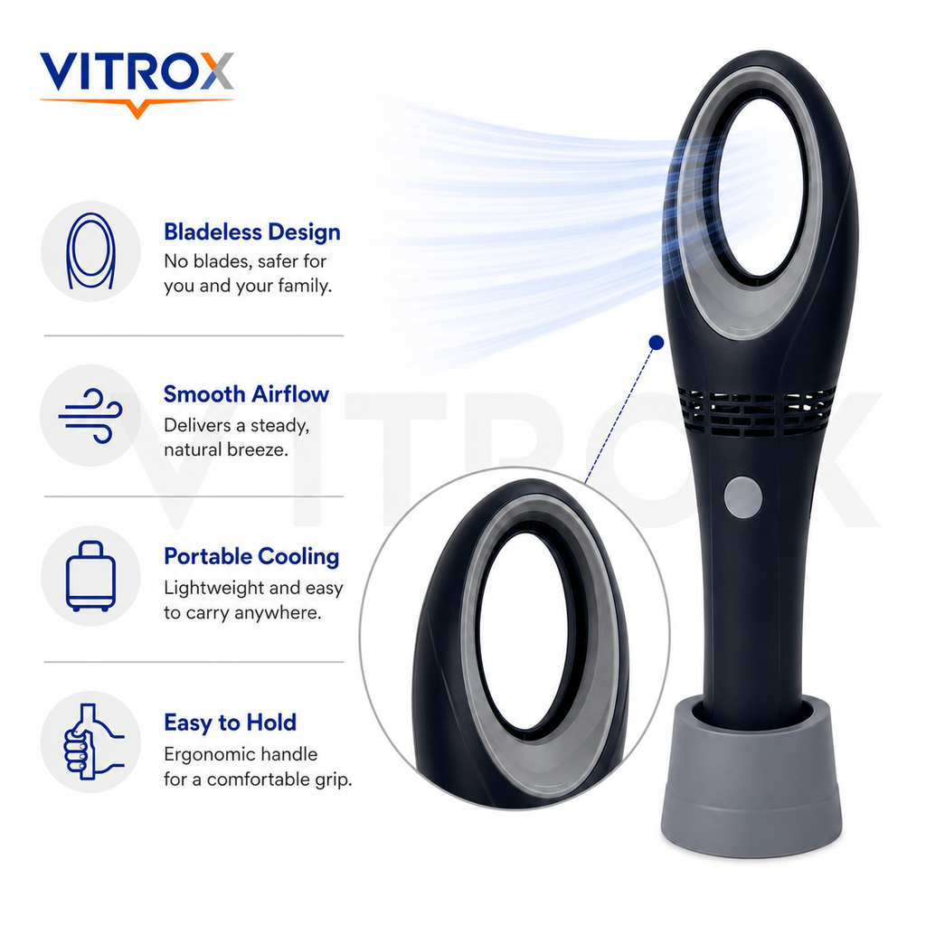 Vitrox Portable USB Rechargeable Bladeless Hand Fan – 3 Speed Modes