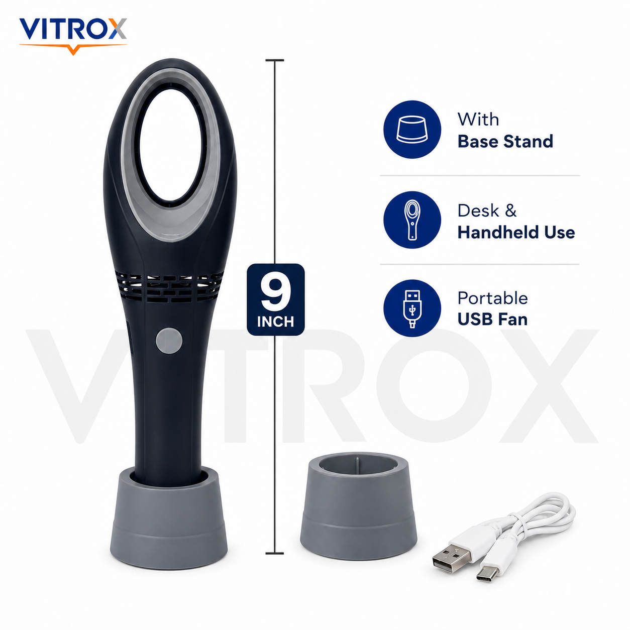 Vitrox Portable USB Rechargeable Bladeless Hand Fan – 3 Speed Modes
