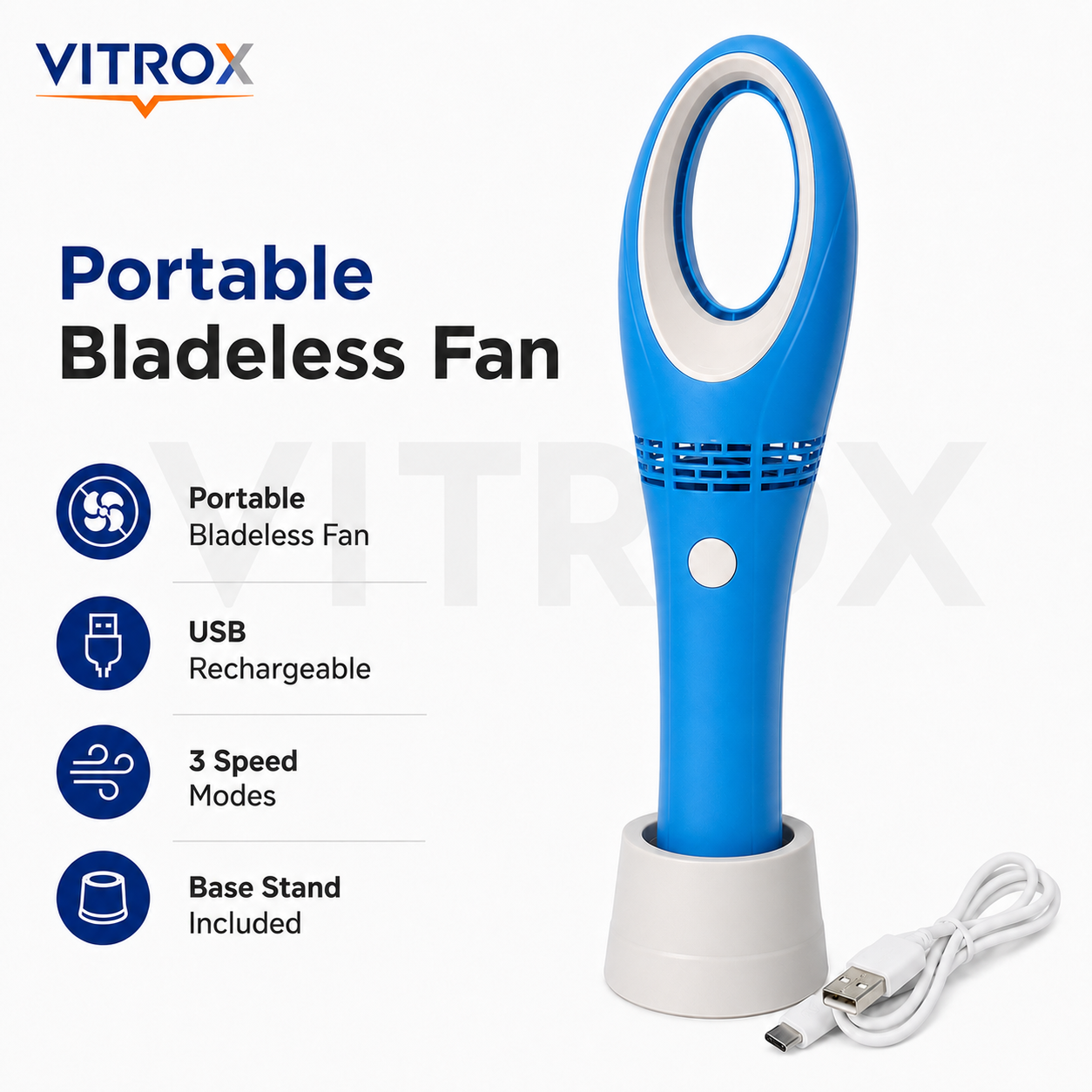 Vitrox Portable USB Rechargeable Bladeless Hand Fan  – 3 Speed Modes