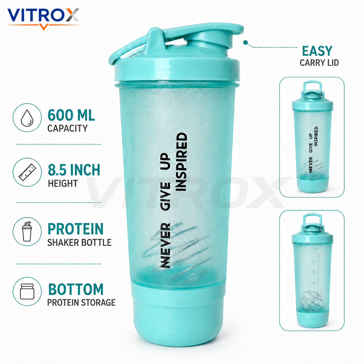 Vitrox 600 ml Protein Shaker Bottle with Mixing Ball & Detachable Storage Compartment – Aqua Blue