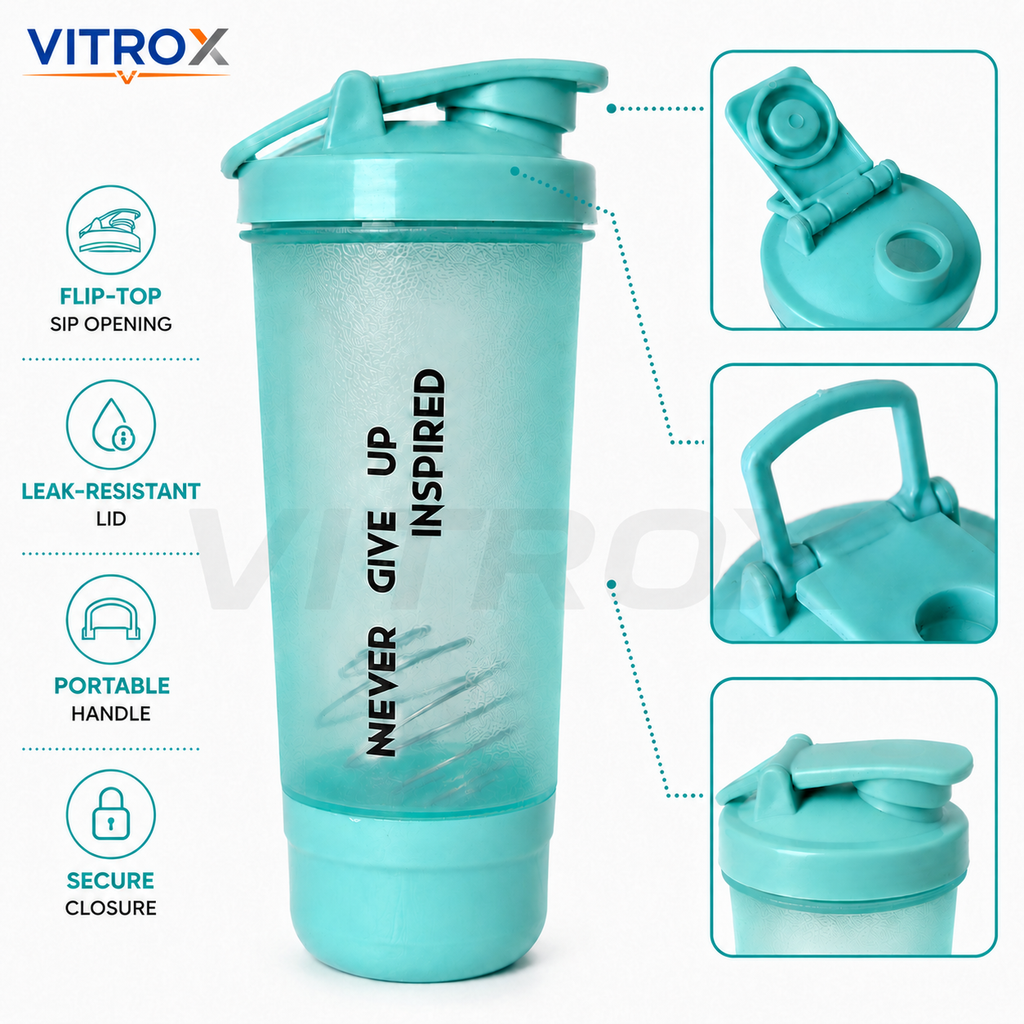 Vitrox 600 ml Protein Shaker Bottle with Mixing Ball & Detachable Storage Compartment – Aqua Blue