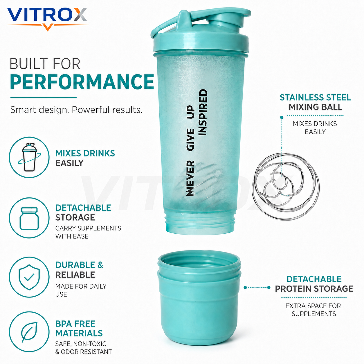 Vitrox 600 ml Protein Shaker Bottle with Mixing Ball & Detachable Storage Compartment – Aqua Blue
