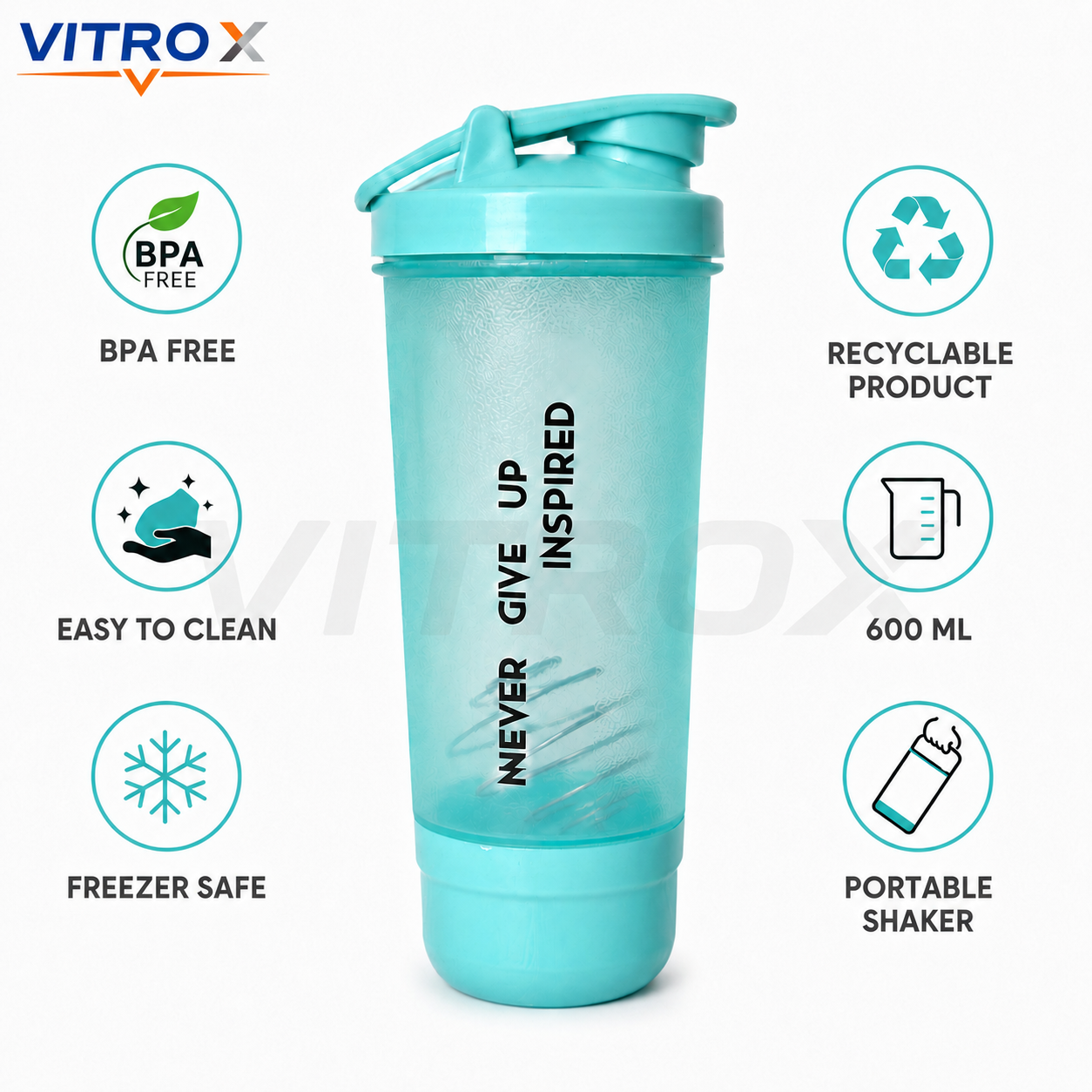 Vitrox 600 ml Protein Shaker Bottle with Mixing Ball & Detachable Storage Compartment – Aqua Blue
