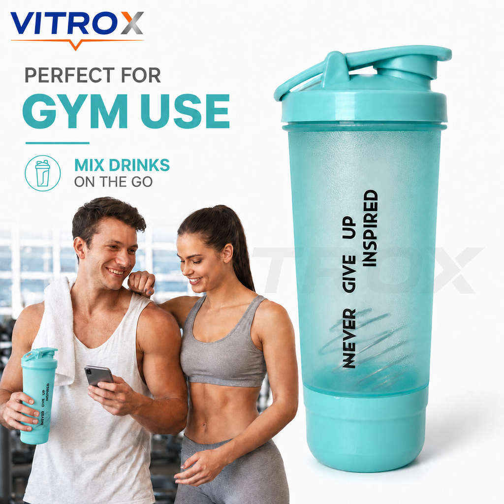 Vitrox 600 ml Protein Shaker Bottle with Mixing Ball & Detachable Storage Compartment – Aqua Blue