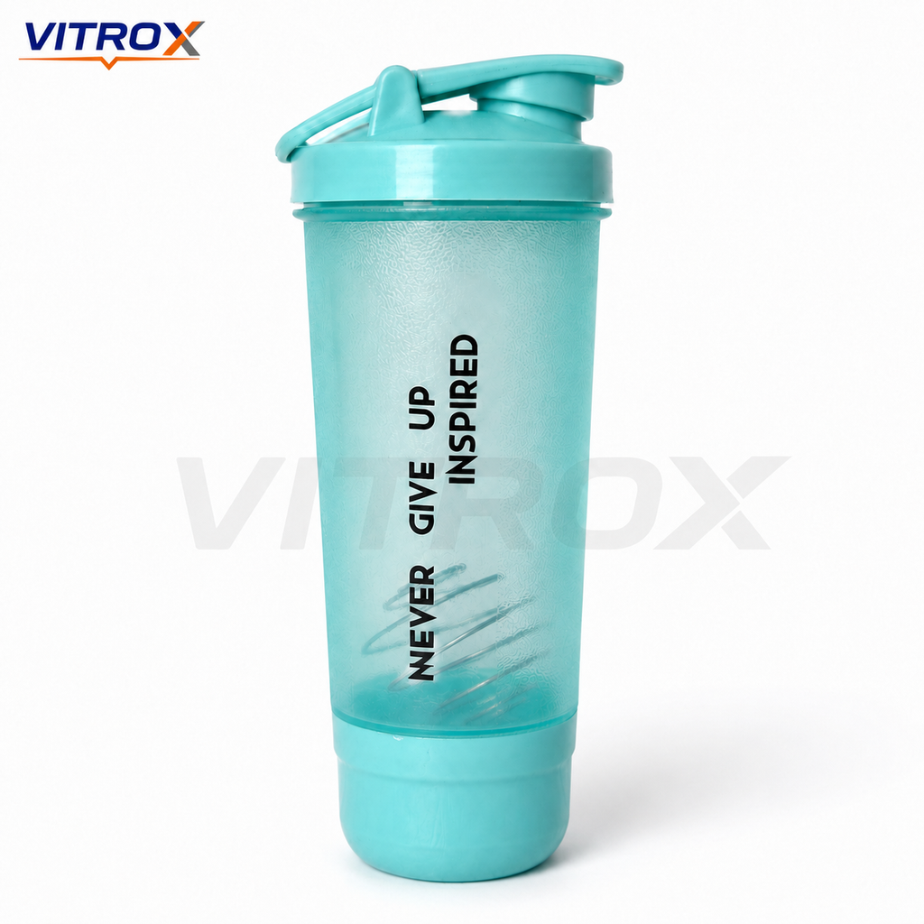 Vitrox 600 ml Protein Shaker Bottle with Mixing Ball & Detachable Storage Compartment – Aqua Blue