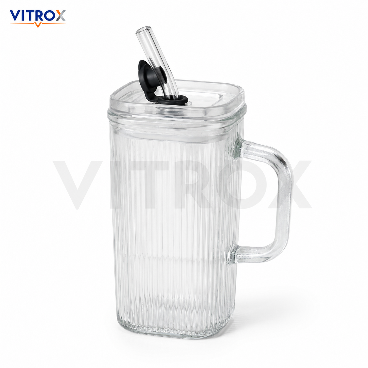 VITROX Clear Square Ribbed Glass Tumbler with handle
