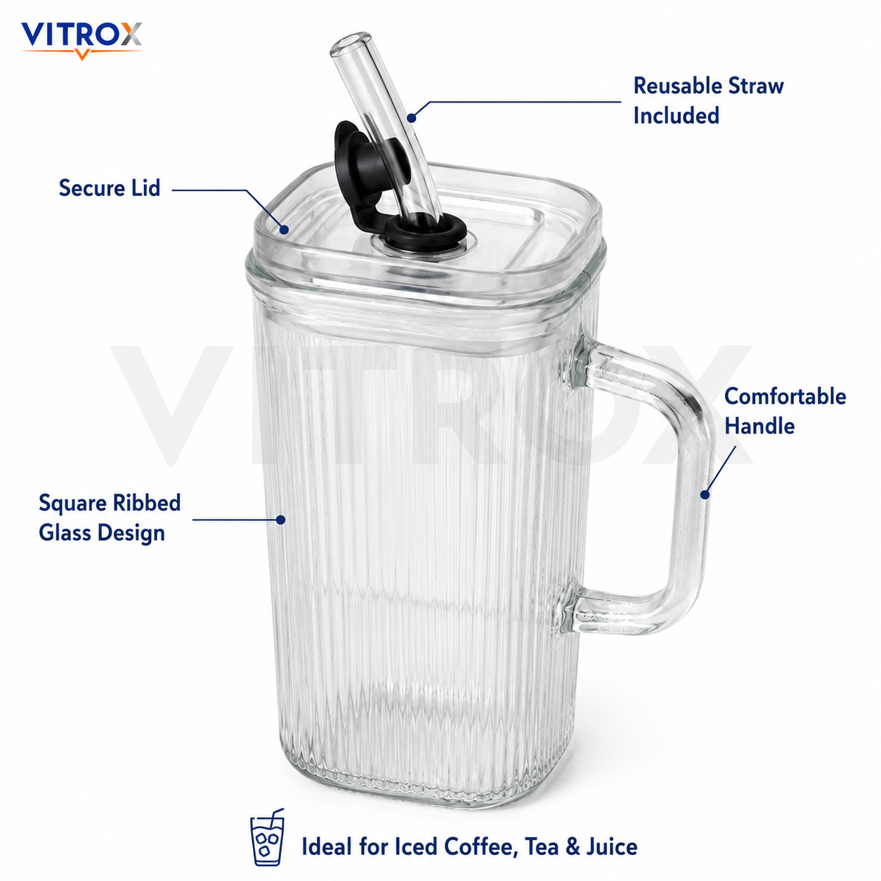 VITROX Clear Square Ribbed Glass Tumbler with handle