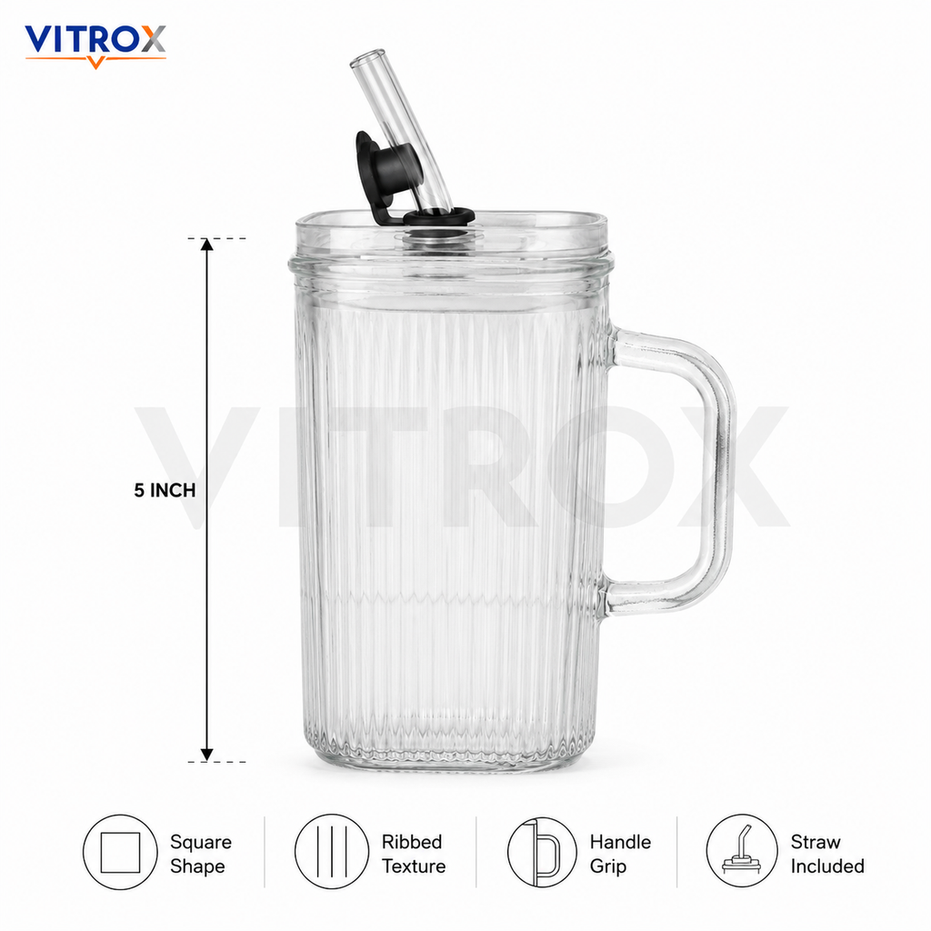 VITROX Clear Square Ribbed Glass Tumbler with handle