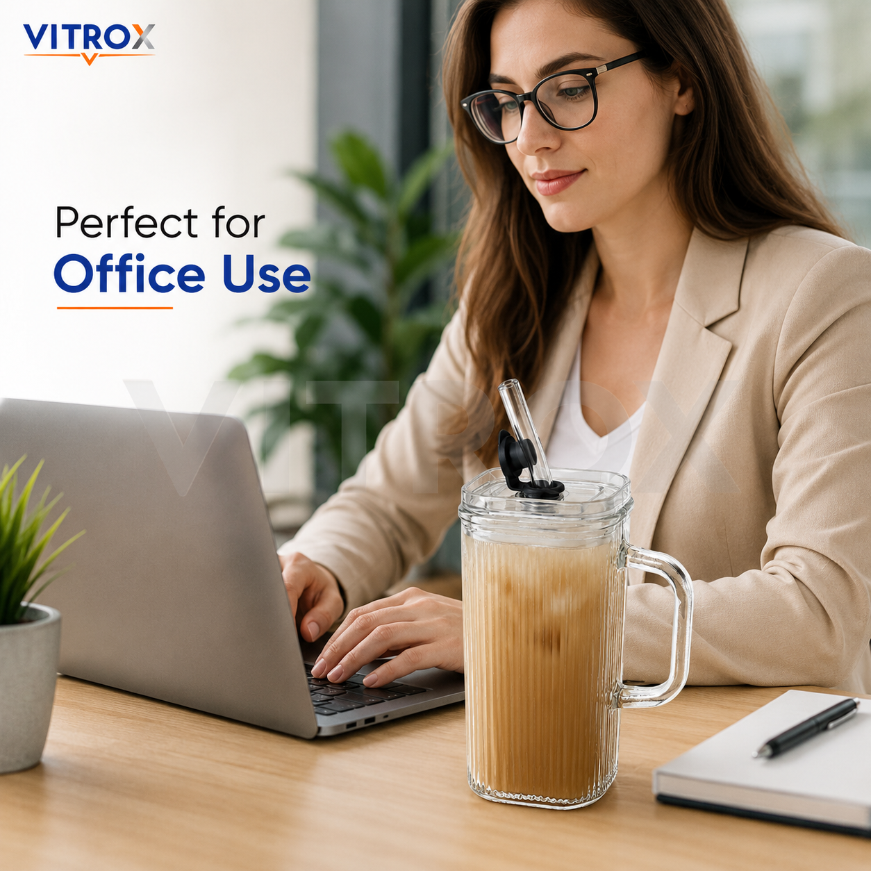 VITROX Clear Square Ribbed Glass Tumbler with handle