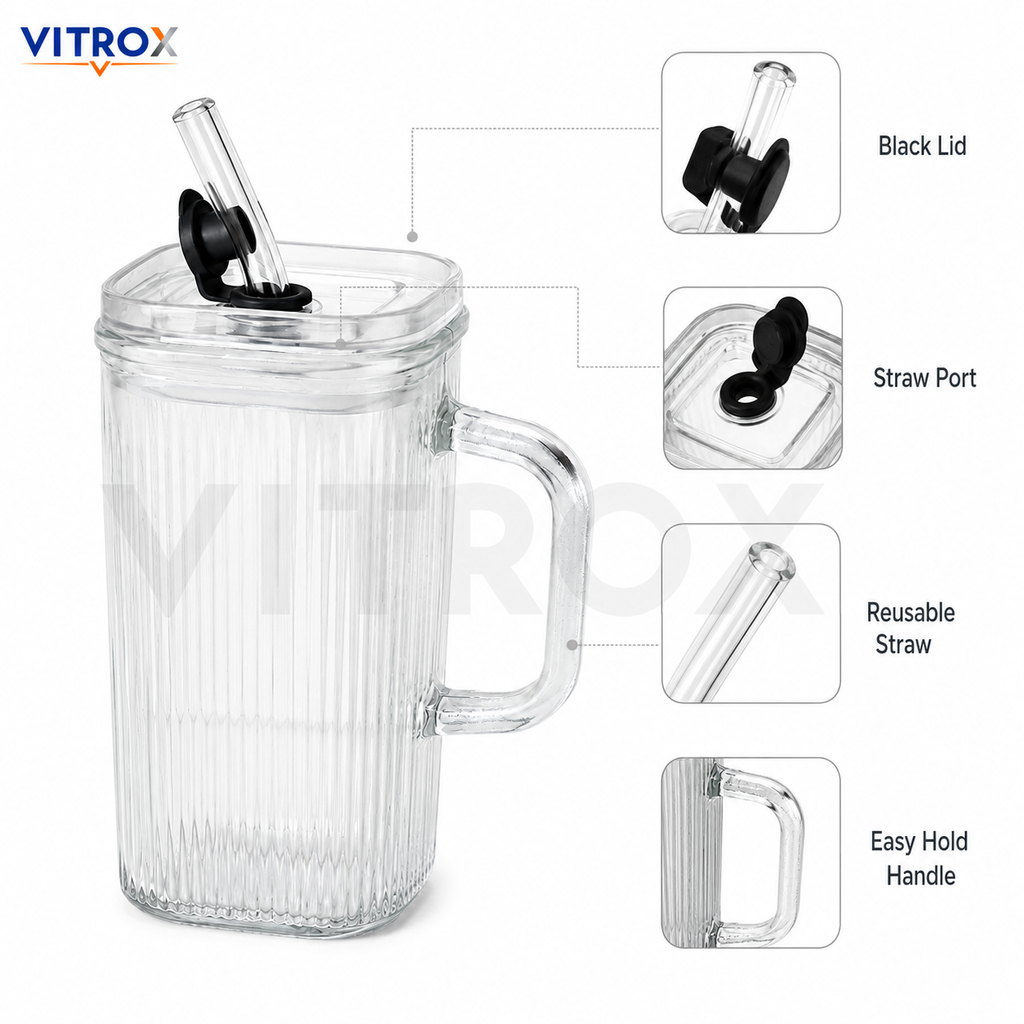 VITROX Clear Square Ribbed Glass Tumbler with handle