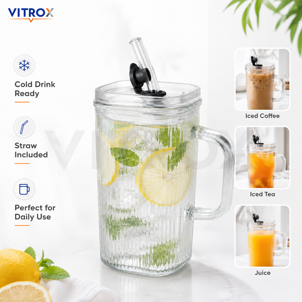 VITROX Clear Square Ribbed Glass Tumbler with handle