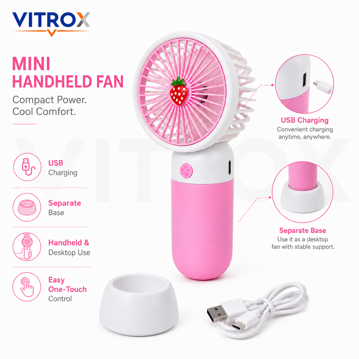Mini USB Rechargeable Handheld Fan with Detachable Desktop Base