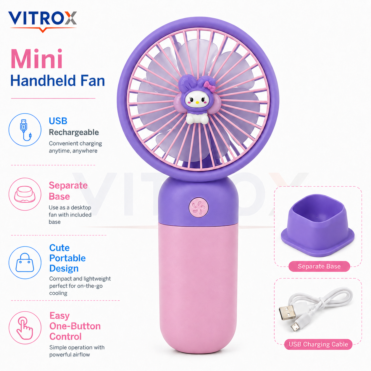 Mini USB Rechargeable Handheld Fan with Detachable Desktop Base