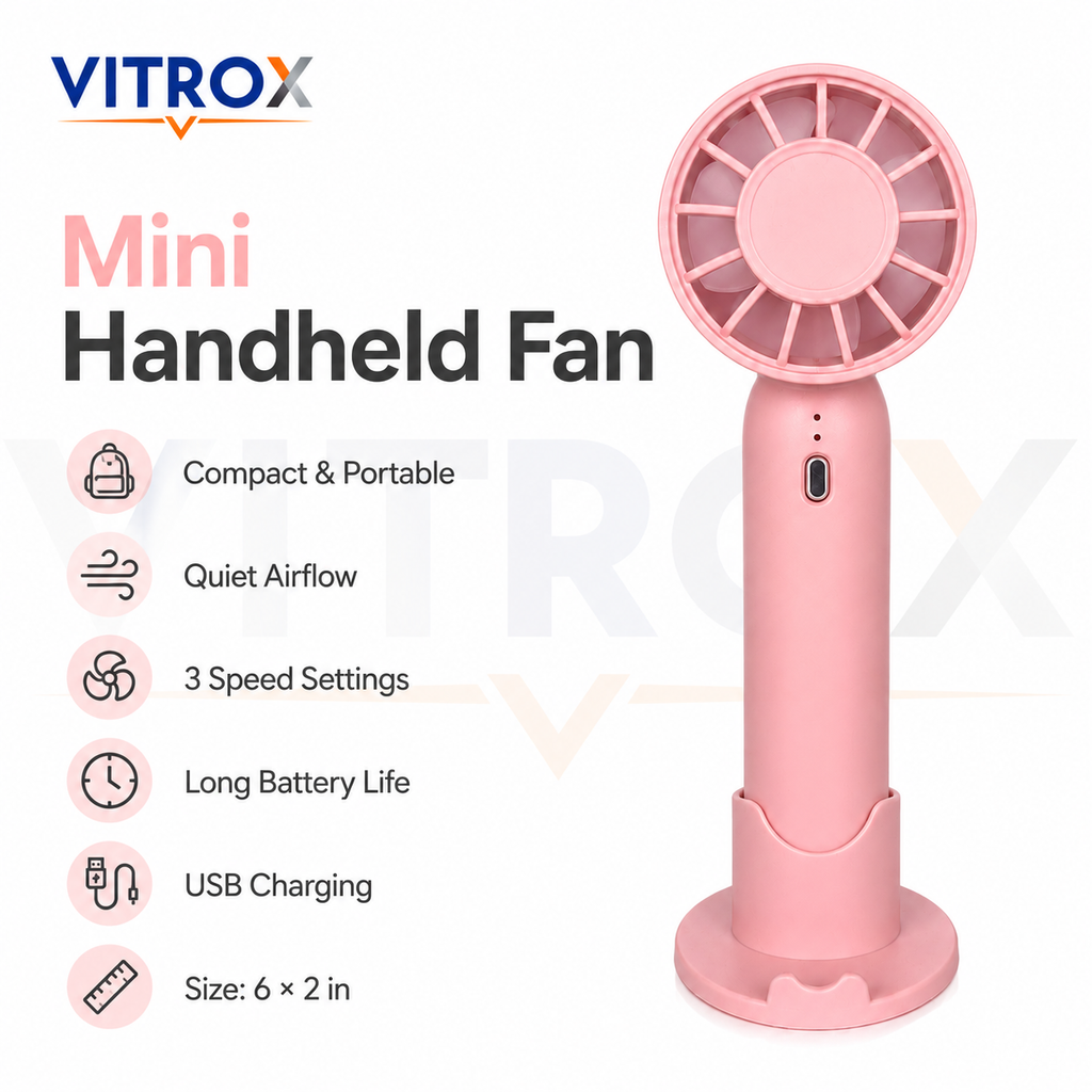 VITROX Mini Handheld Fan with Detachable Base – 3-Speed USB Rechargeable Portable Cooling Fan, Pink