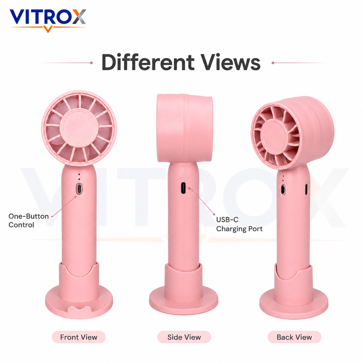 VITROX Mini Handheld Fan with Detachable Base – 3-Speed USB Rechargeable Portable Cooling Fan, Pink