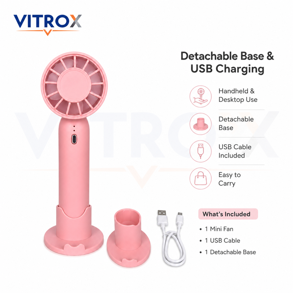 VITROX Mini Handheld Fan with Detachable Base – 3-Speed USB Rechargeable Portable Cooling Fan, Pink