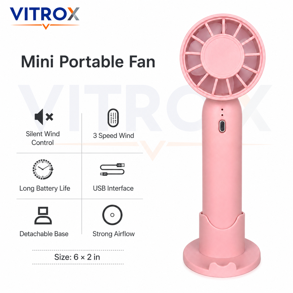 VITROX Mini Handheld Fan with Detachable Base – 3-Speed USB Rechargeable Portable Cooling Fan, Pink
