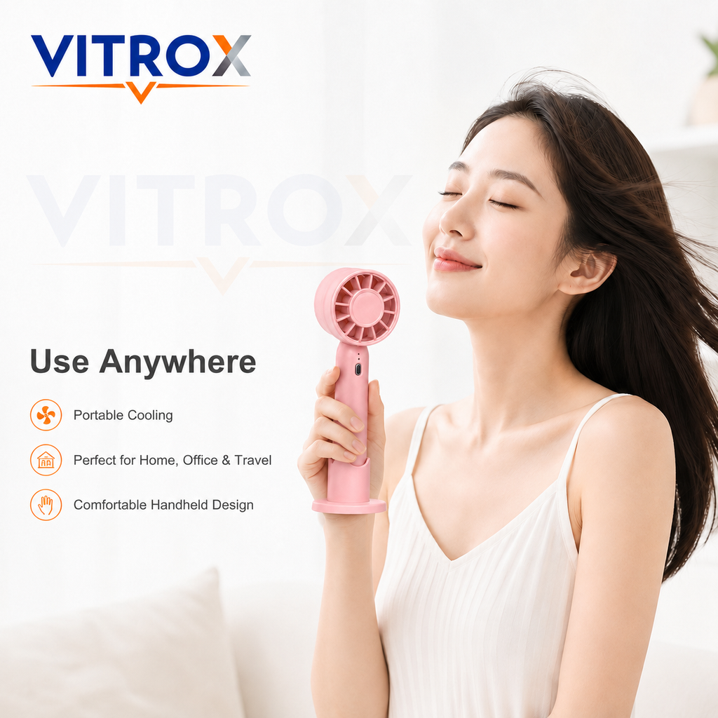 VITROX Mini Handheld Fan with Detachable Base – 3-Speed USB Rechargeable Portable Cooling Fan, Pink