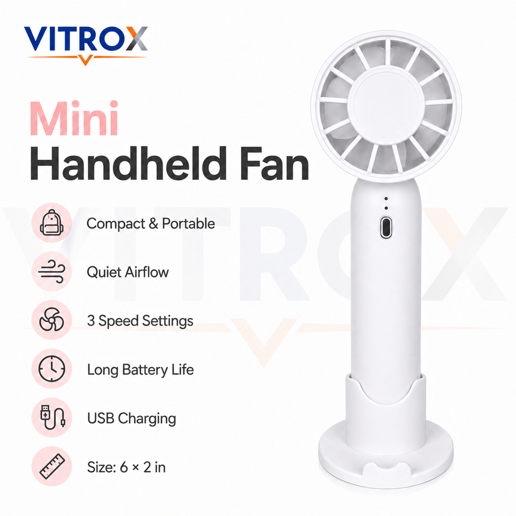 Mini Handheld Fan with Detachable Base – 3-Speed USB Rechargeable Portable Fan