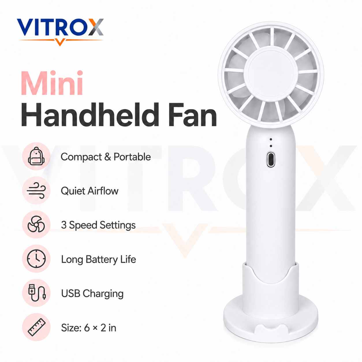 Mini Handheld Fan with Detachable Base – 3-Speed USB Rechargeable Portable Fan