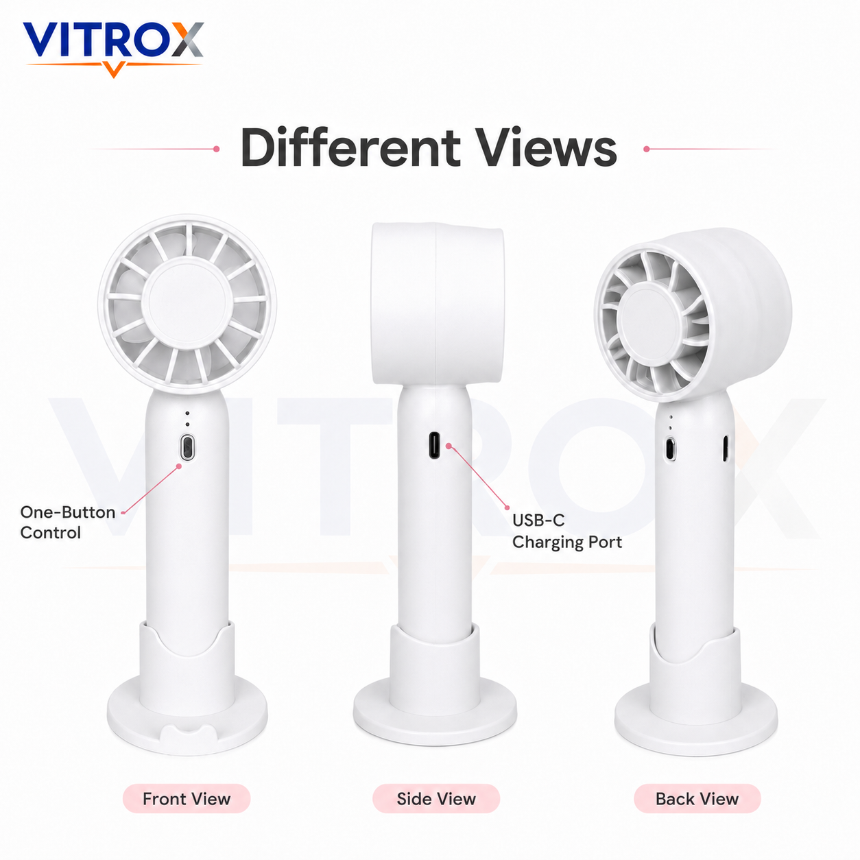 Mini Handheld Fan with Detachable Base – 3-Speed USB Rechargeable Portable Fan