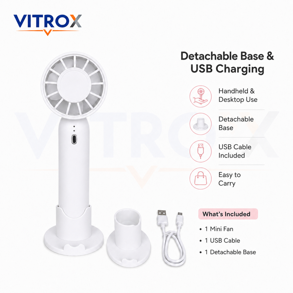Mini Handheld Fan with Detachable Base – 3-Speed USB Rechargeable Portable Fan
