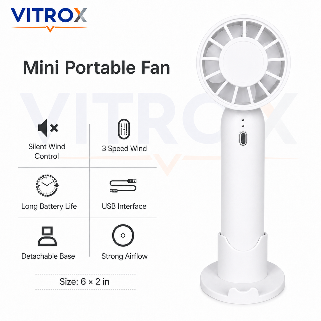Mini Handheld Fan with Detachable Base – 3-Speed USB Rechargeable Portable Fan
