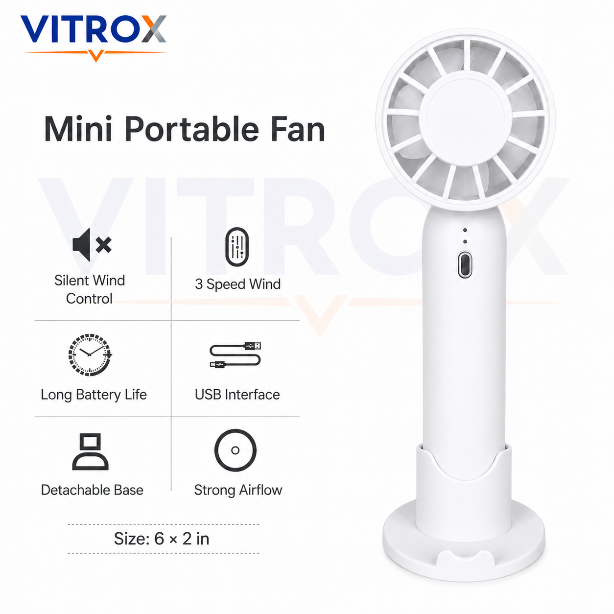 Mini Handheld Fan with Detachable Base – 3-Speed USB Rechargeable Portable Fan