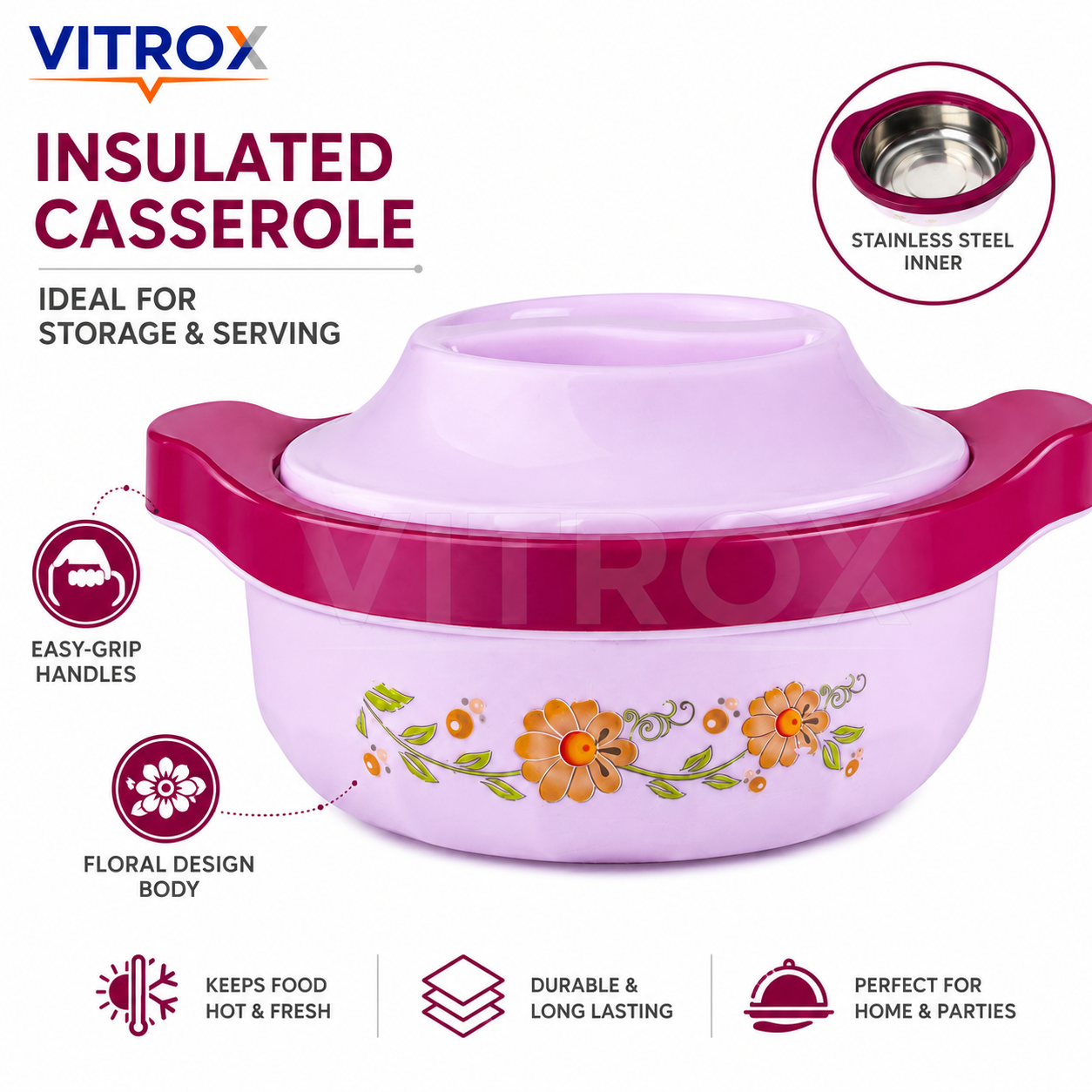Insulated Flower Casserole with Stainless Steel Inner &  Easy-Grip Handles