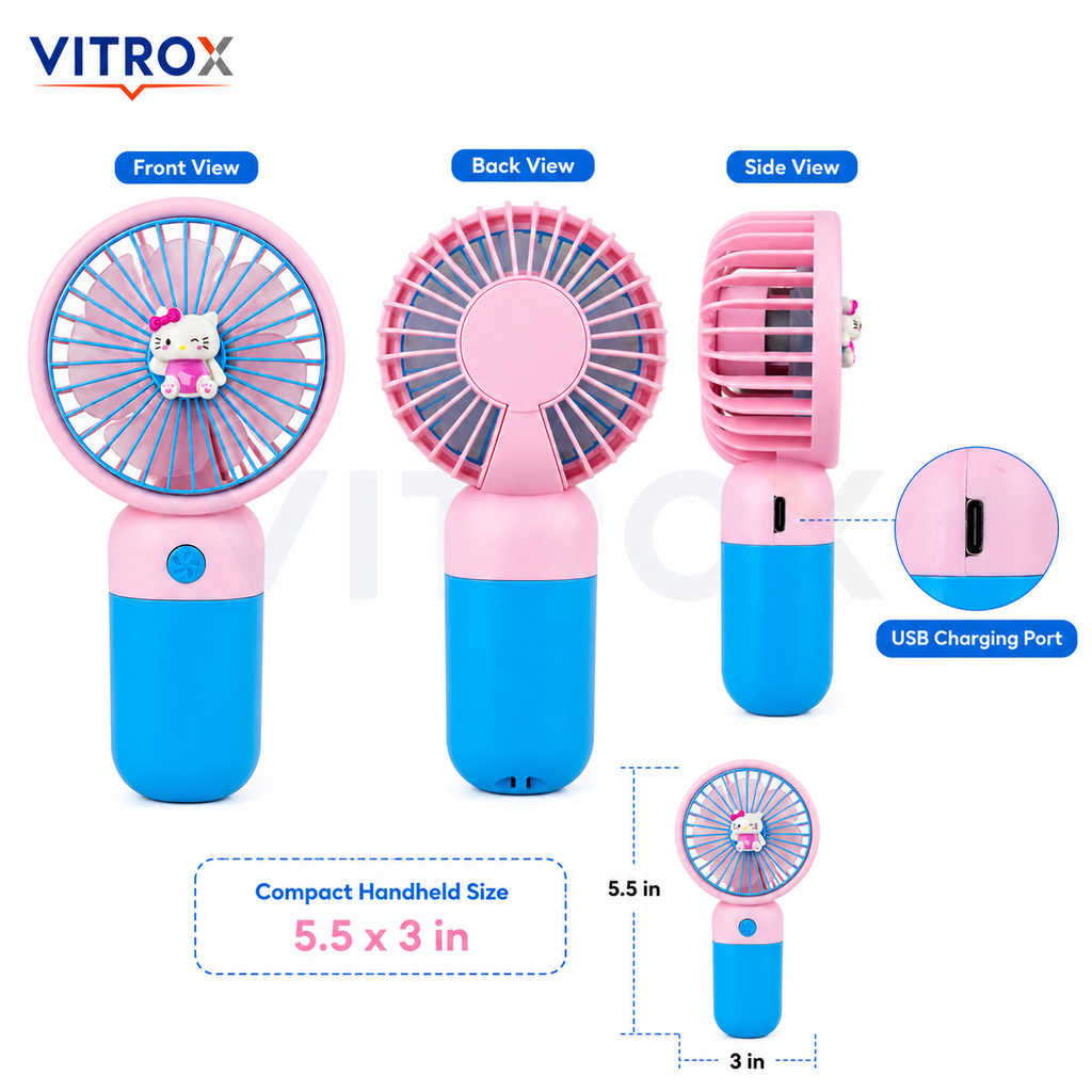 Mini USB Rechargeable Handheld Fan with Detachable Desktop Base – Pink & Blue