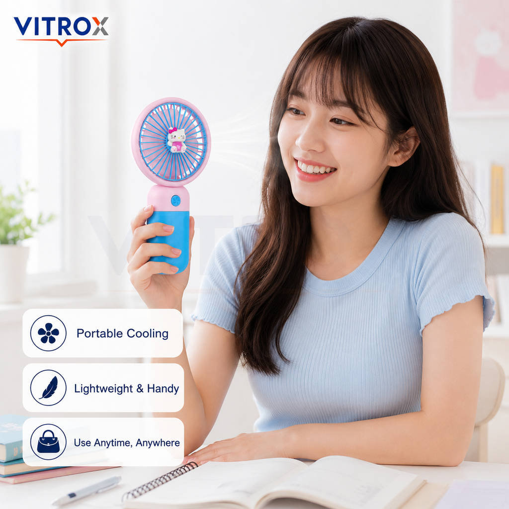 Mini USB Rechargeable Handheld Fan with Detachable Desktop Base – Pink & Blue