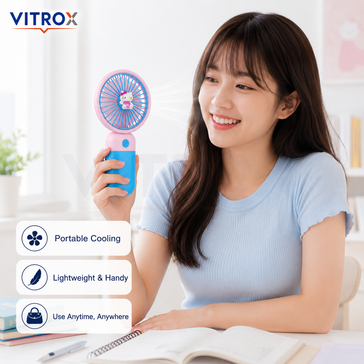 Mini USB Rechargeable Handheld Fan with Detachable Desktop Base – Pink & Blue