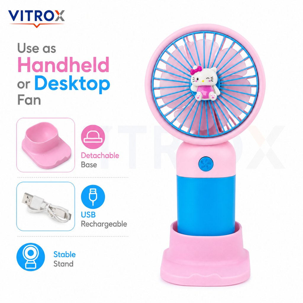 Mini USB Rechargeable Handheld Fan with Detachable Desktop Base – Pink & Blue