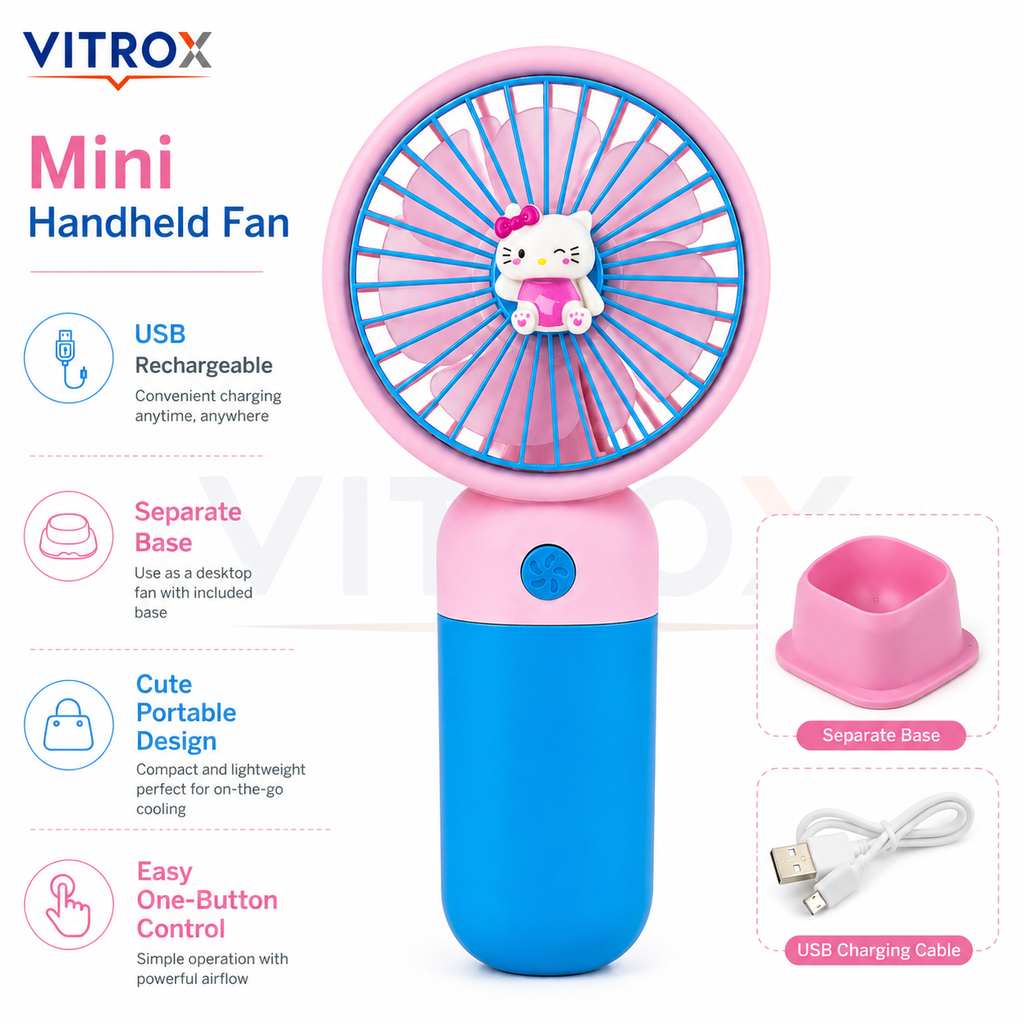 Mini USB Rechargeable Handheld Fan with Detachable Desktop Base – Pink & Blue