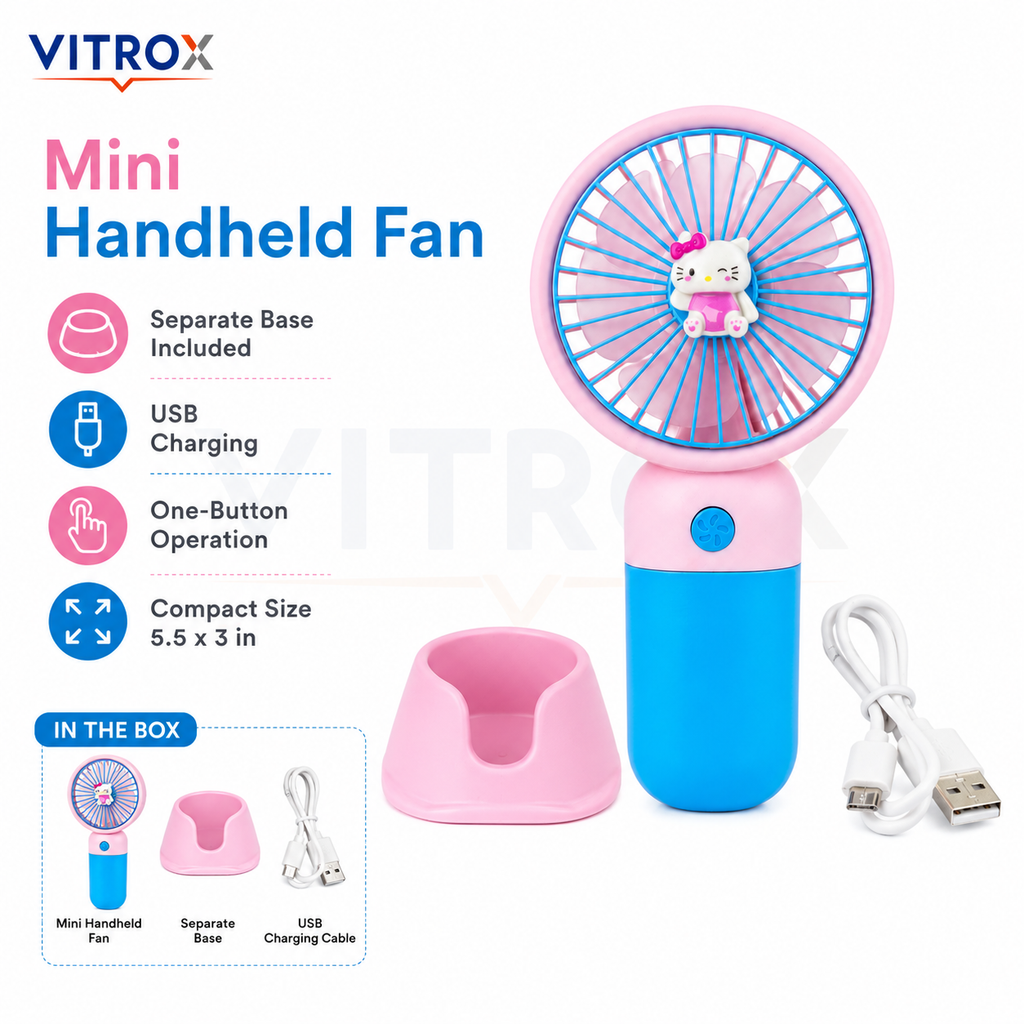 Mini USB Rechargeable Handheld Fan with Detachable Desktop Base – Pink & Blue