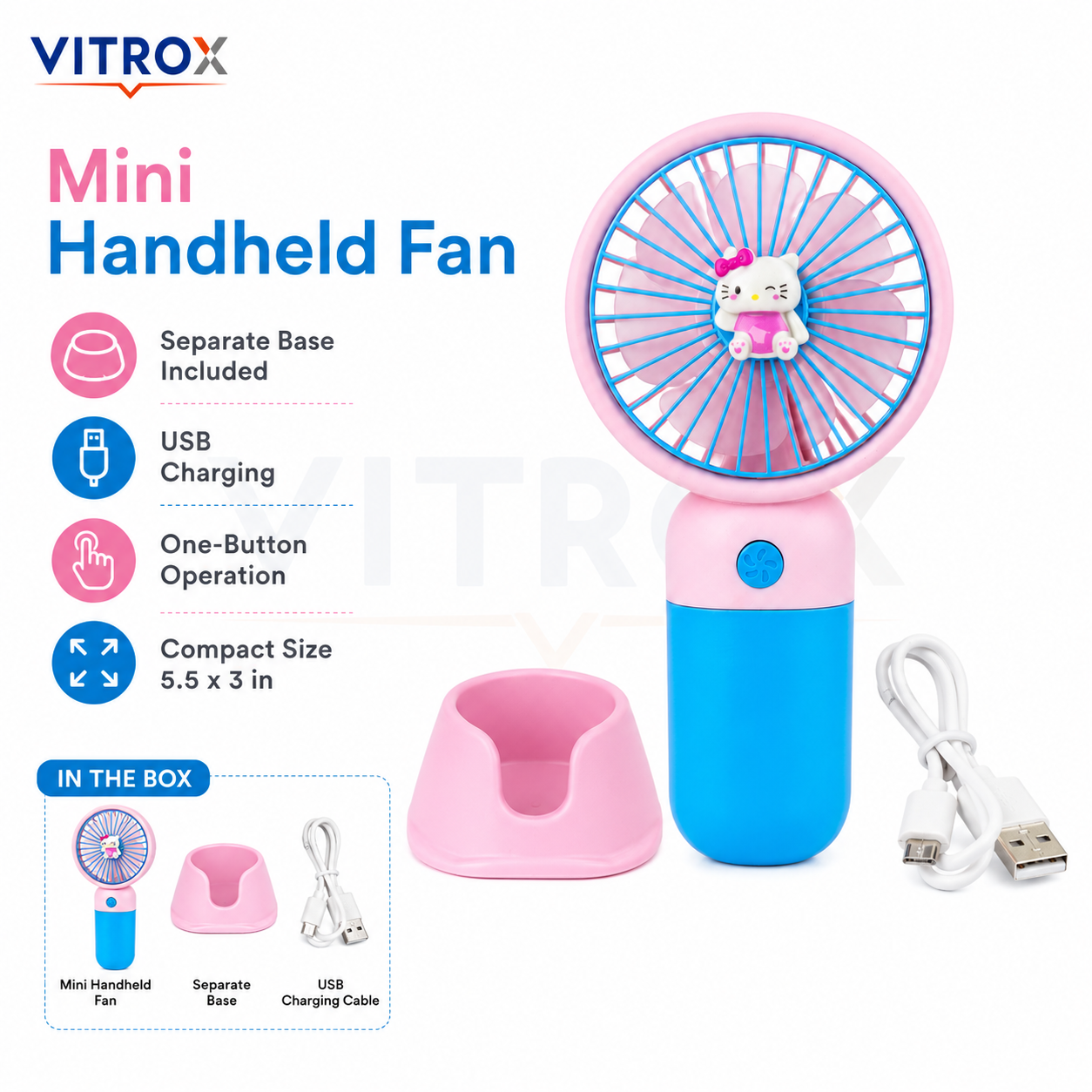 Mini USB Rechargeable Handheld Fan with Detachable Desktop Base – Pink & Blue