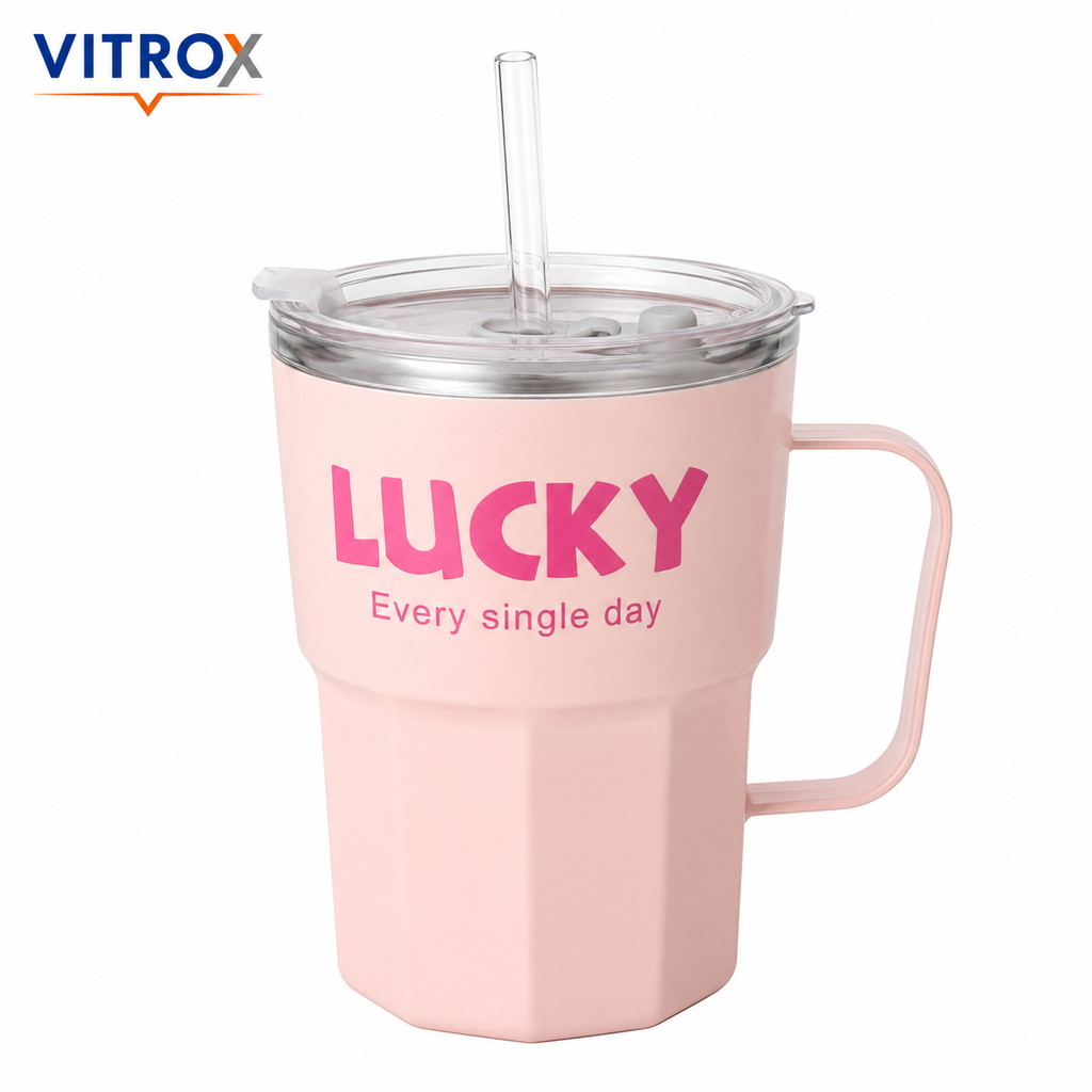 Lucky Cup with Handle, Clear Dual-Opening Lid-Pastel Pink