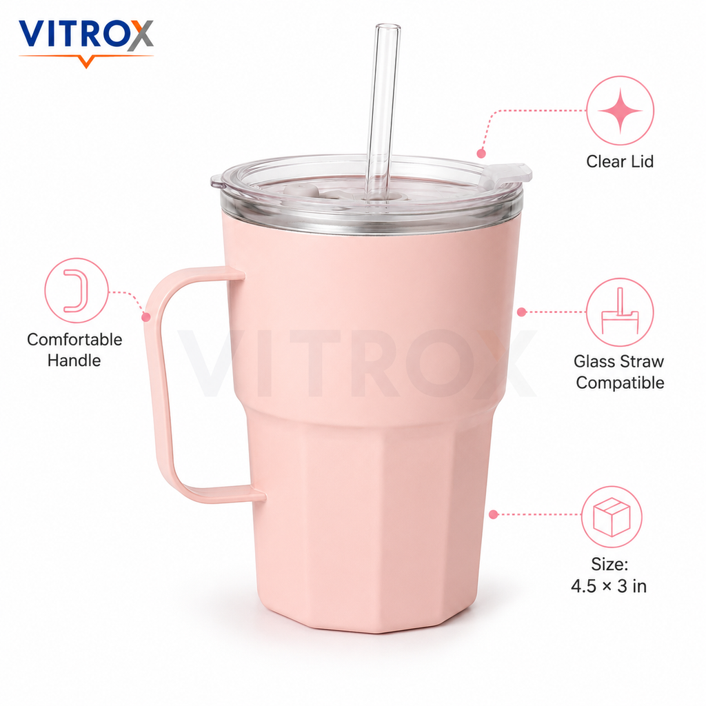 Lucky Cup with Handle, Clear Dual-Opening Lid-Pastel Pink