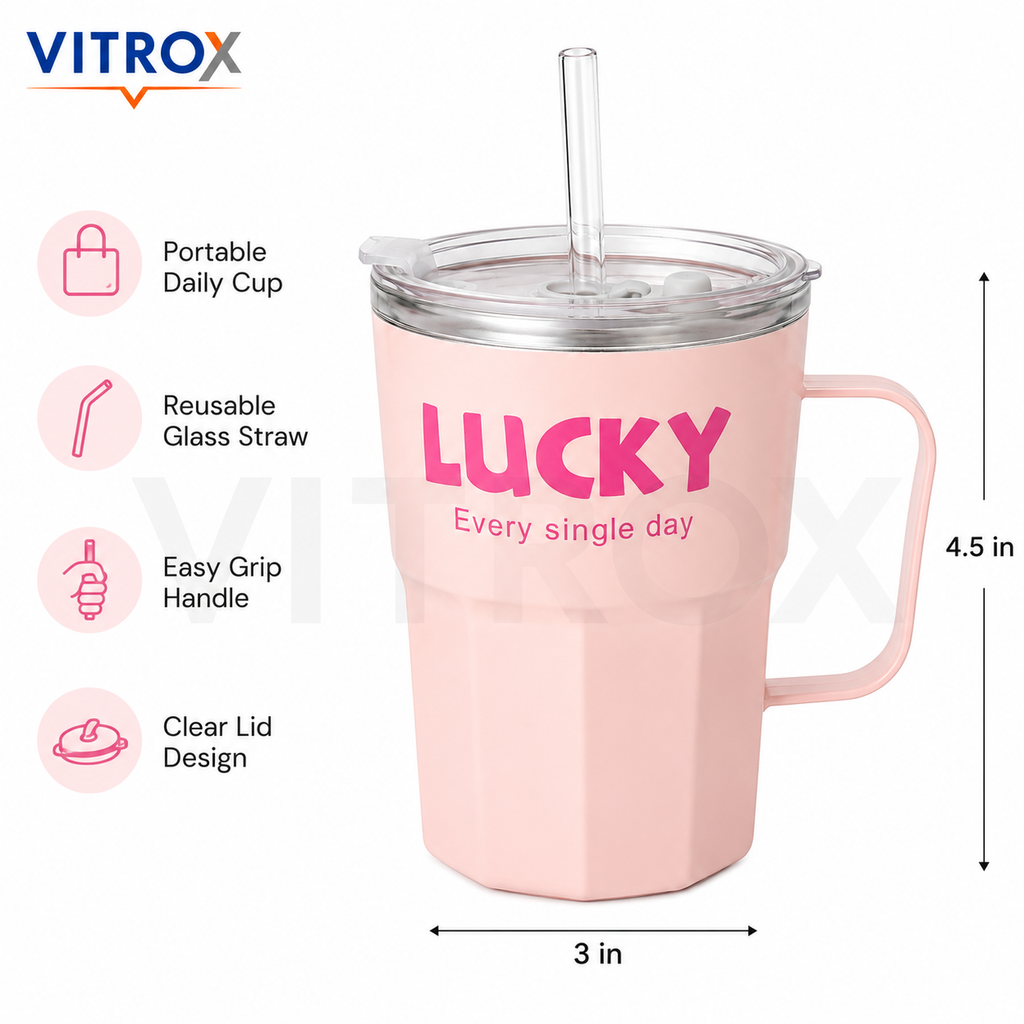 Lucky Cup with Handle, Clear Dual-Opening Lid-Pastel Pink