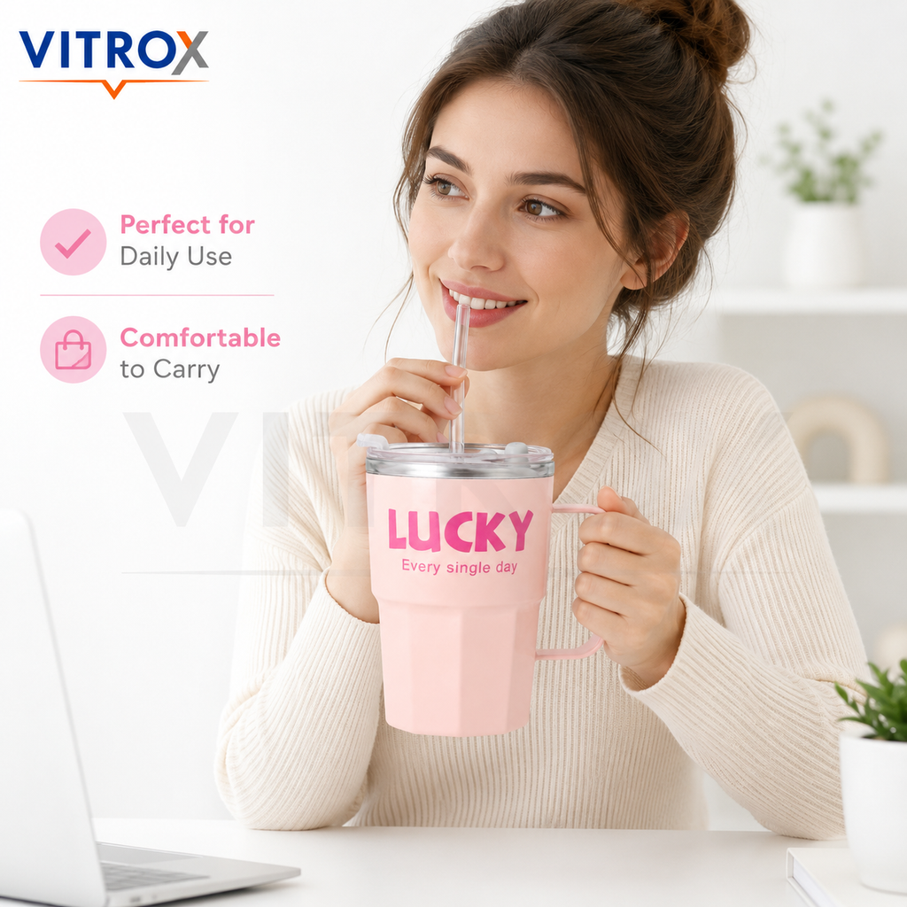 Lucky Cup with Handle, Clear Dual-Opening Lid-Pastel Pink