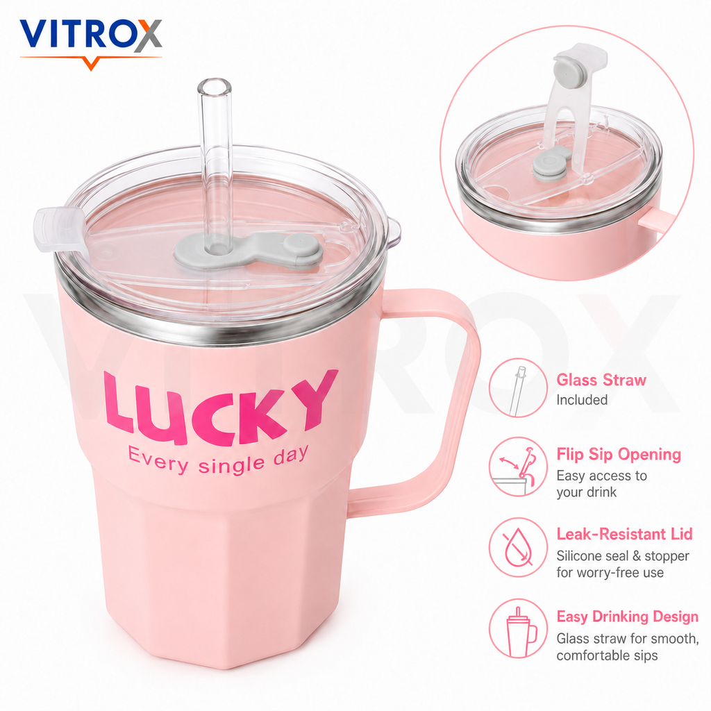 Lucky Cup with Handle, Clear Dual-Opening Lid-Pastel Pink