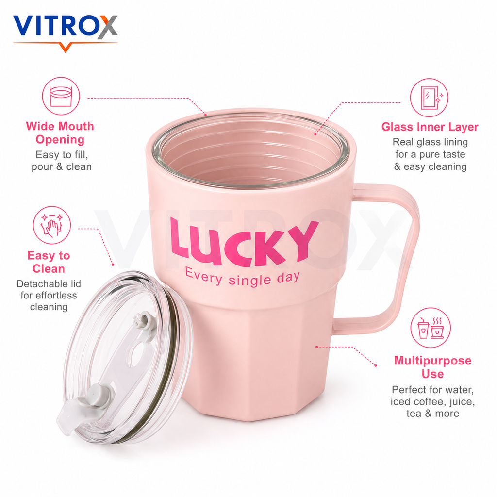 Lucky Cup with Handle, Clear Dual-Opening Lid-Pastel Pink