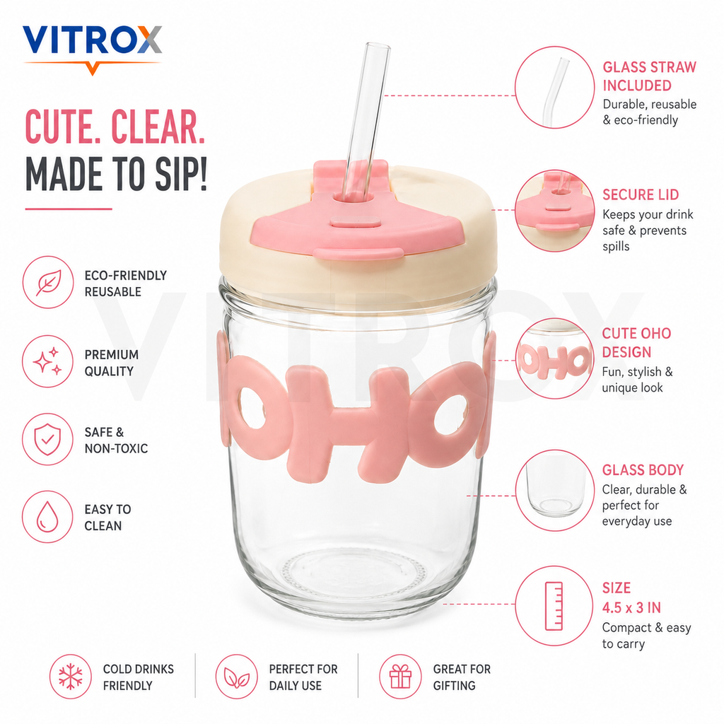 Glass Sip Cup with Flip-Top Lid & Glass Straw – Pink & Cream