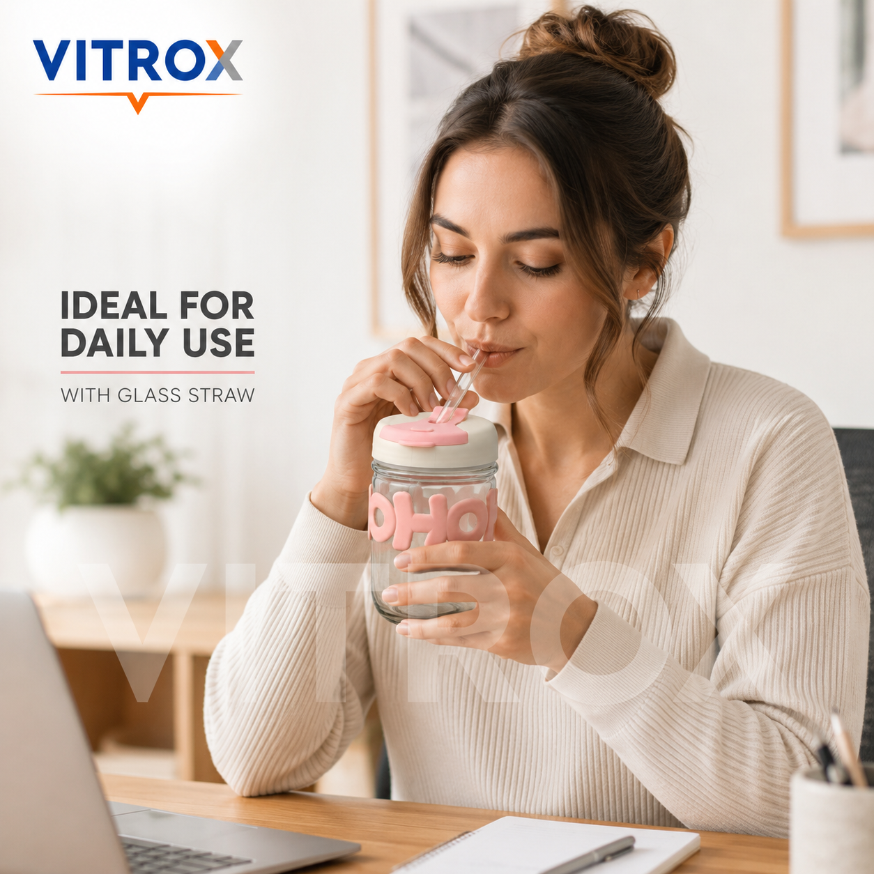 Glass Sip Cup with Flip-Top Lid & Glass Straw – Pink & Cream