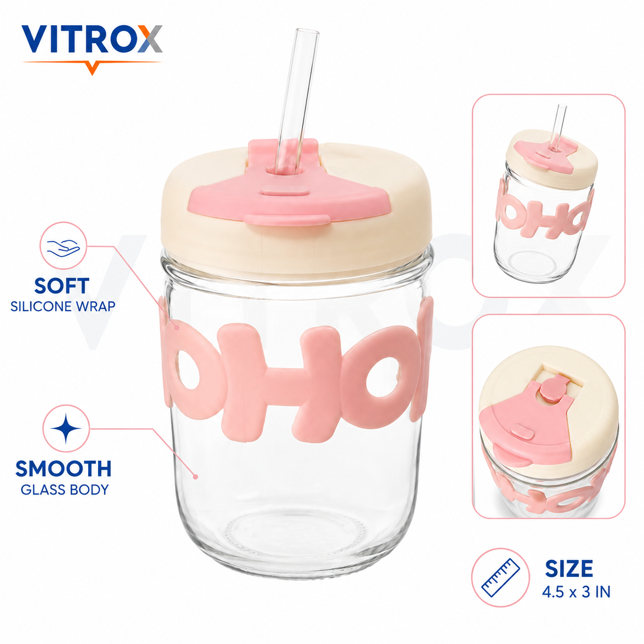 Glass Sip Cup with Flip-Top Lid & Glass Straw – Pink & Cream