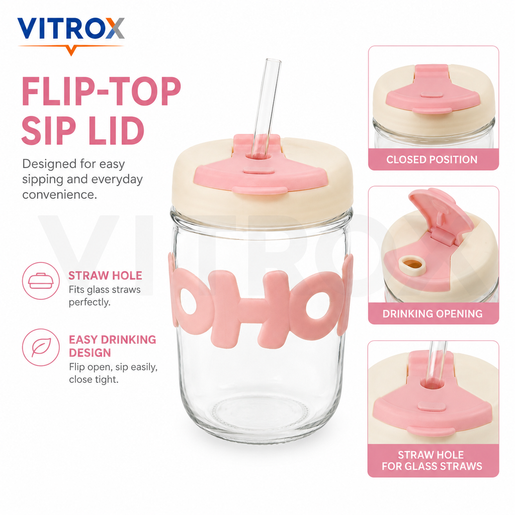 Glass Sip Cup with Flip-Top Lid & Glass Straw – Pink & Cream