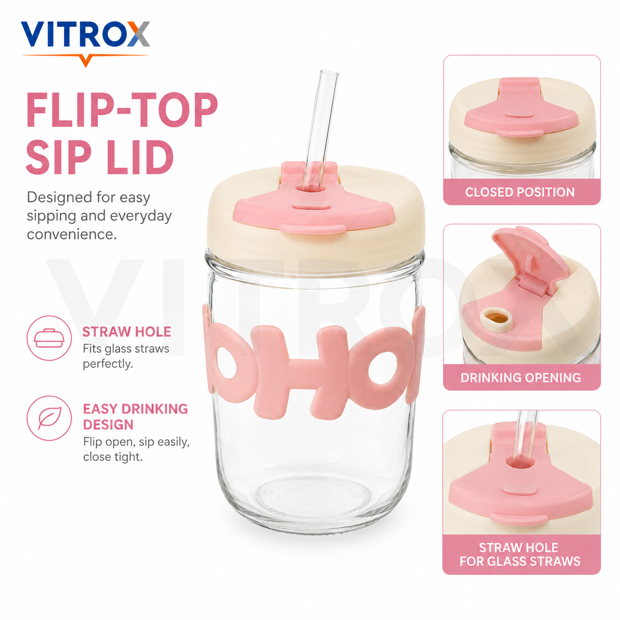 Glass Sip Cup with Flip-Top Lid & Glass Straw – Pink & Cream